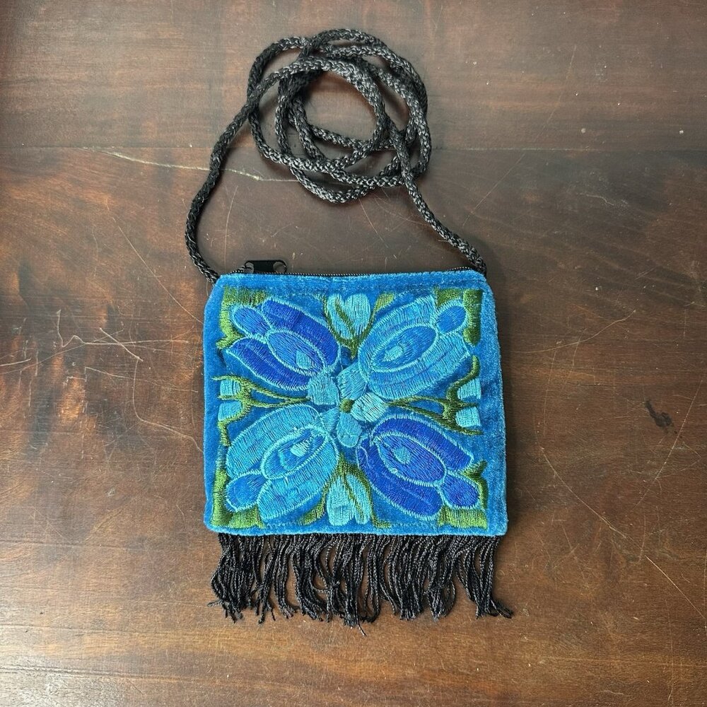 Blue Teal Boho Embroidered Floral Guatemalan Crossbody Bohemian Purse Zip Fringe